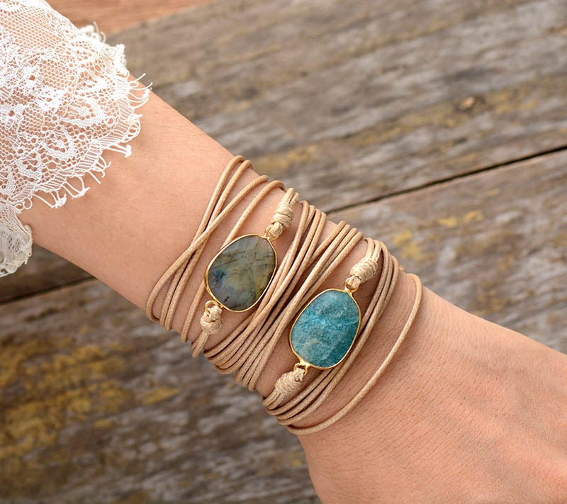 Bohemian Natural Crystal Charm Wax Cord Wrap Bracelet - Allora Jade