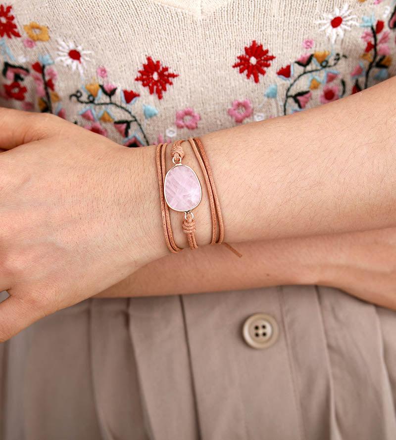 Natural Rose Quartz Charm Leather Wrap Bracelet - Womens Bracelets Crystal Bracelet - Allora Jade