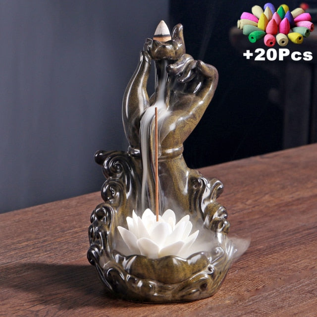 'Blessing Lotus' Handmade Ceramic Backflow Incense Holder Burner | Allora Jade
