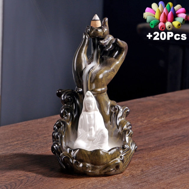 'Blessing Guan Yin' Handmade Ceramic Backflow Incense Holder Burner - Allora Jade