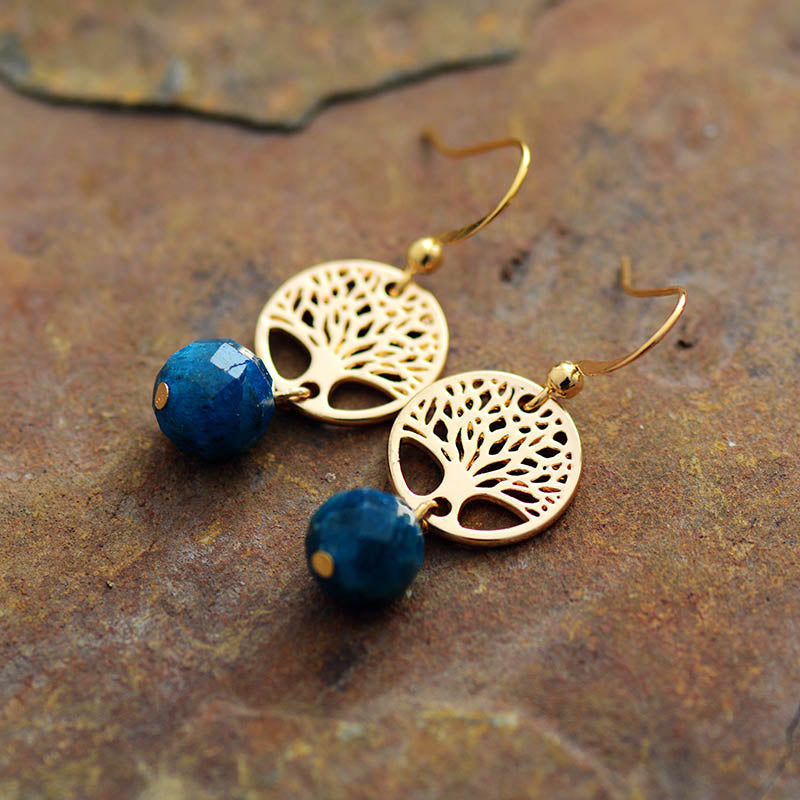 'Tree of Life' and Blue Apatite Dangle Drop Earrings | Allora Jade