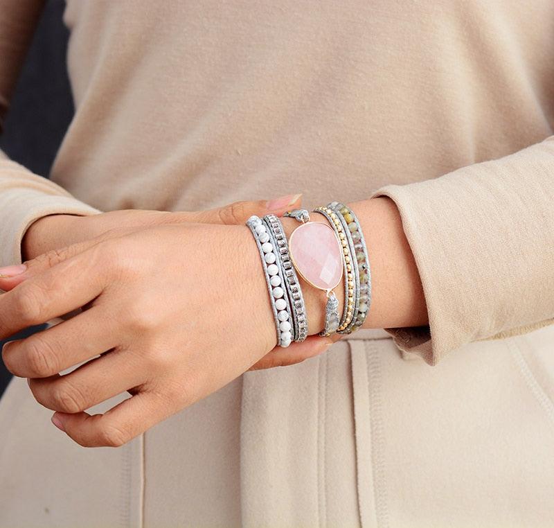 Labradorite, Howlite & Rose Quartz Charm Wrap Bracelet - Womens Bracelets Crystal Bracelet - Allora Jade
