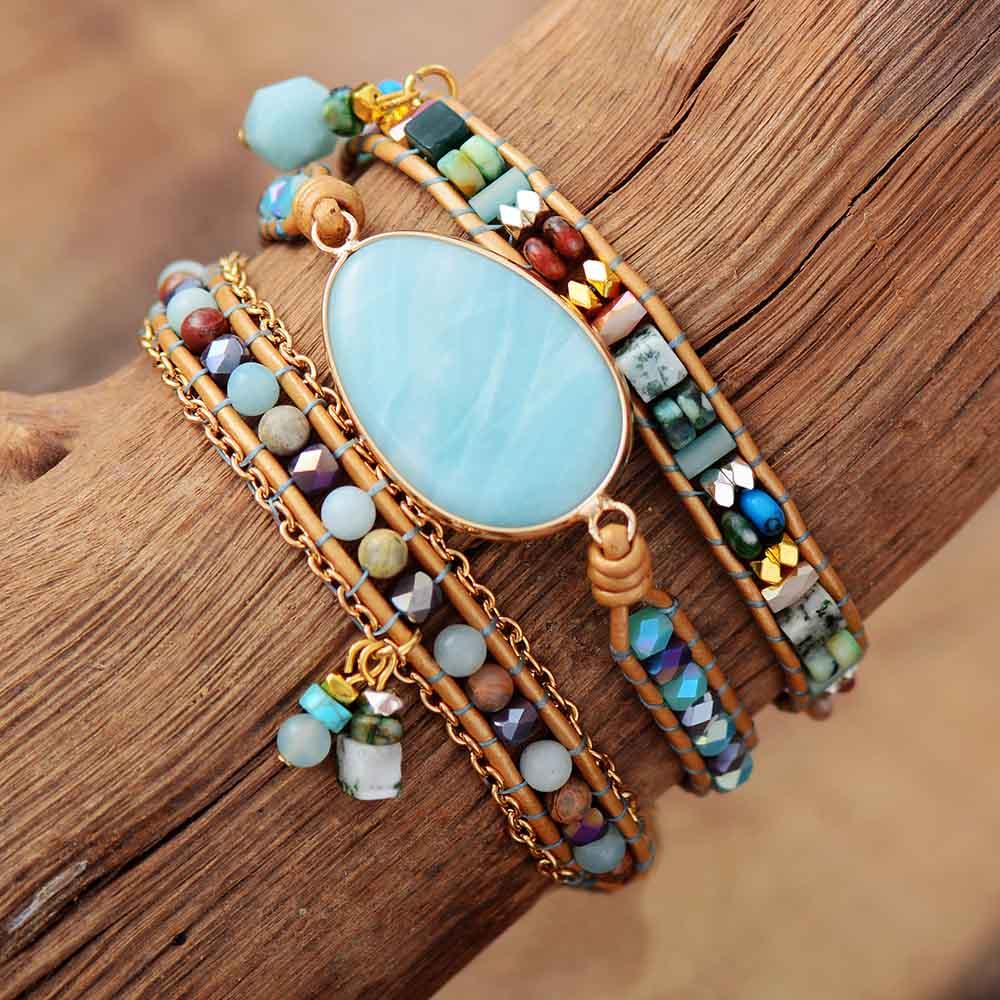 Natural Amazonite & Beads Wrap Bracelet - Womens Bracelets Crystal Bracelet - Allora Jade