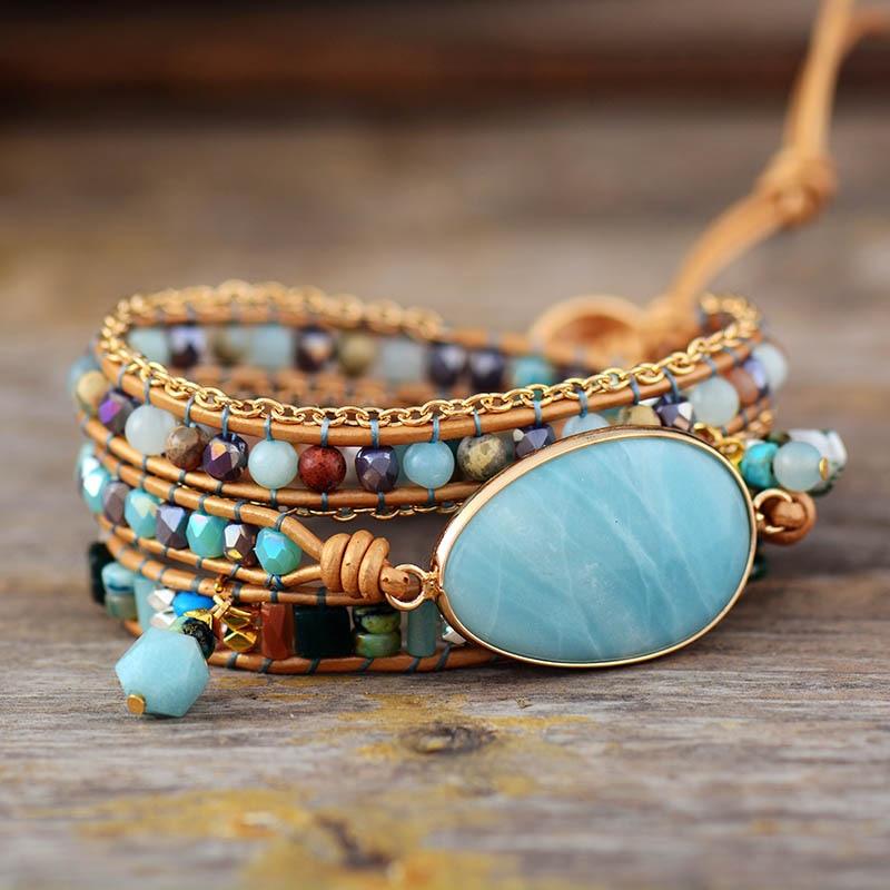 Natural Amazonite & Beads Wrap Bracelet - Womens Bracelets Crystal Bracelet - Allora Jade