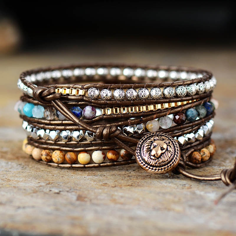 Bohemian Jasper, Rhinestones and Tibetan Beads Wrap Bracelet - Allora Jade