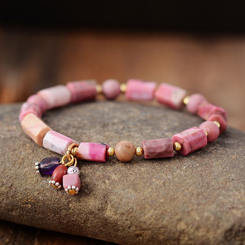 Bohemian Natural Pink Rhodonite Beaded Stretchy Bracelet | Allora Jade