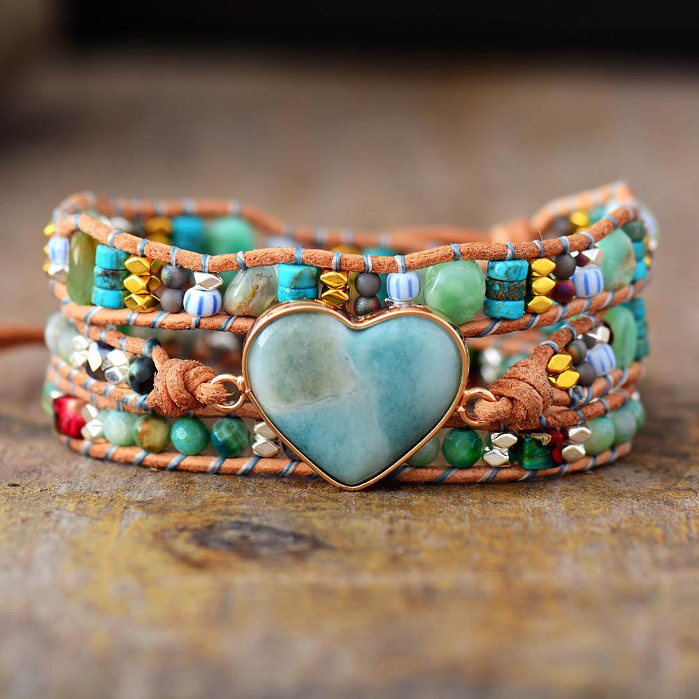 Bohemian Jasper & Amazonite Heart Charm Wrap Bracelet | Allora Jade