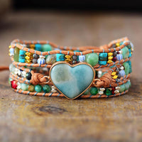 Jasper & Amazonite Heart Charm Wrap Bracelet - Womens Bracelets Crystal Bracelet - Allora Jade