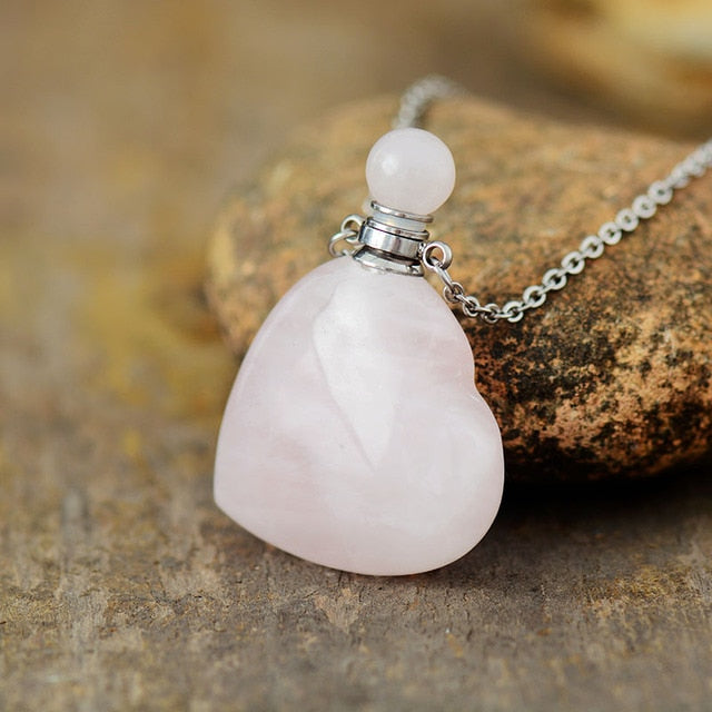 'Gamarra' Heart Shaped Rose Quartz Natural Crystal Essential Oil Diffuser Bottle Pendant Necklace - Allora Jade