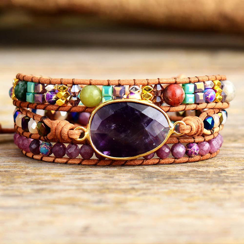 Bohemian Imperial Jasper, Rhinestone and Amethyst Crystal Charm Wrap Bracelet - Allora Jade