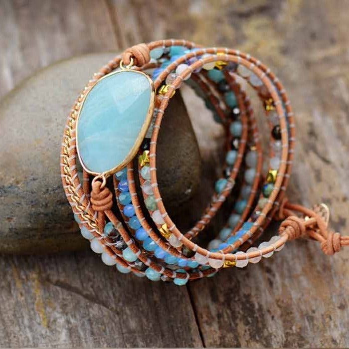 Bohemian Amazonite and Rhinestones Wrap Bracelet - Allora Jade