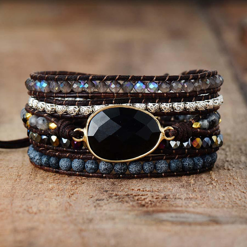 Onyx, Rhinestone & Tibetan Beads Wrap Bracelet - Womens Bracelets Crystal Bracelet - Allora Jade