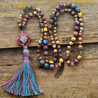 'Rhombi Pendant' Agate, Labradorite & Jasper 108 Mala Beads Necklace - Womens Necklaces Crystal Necklace - Allora Jade