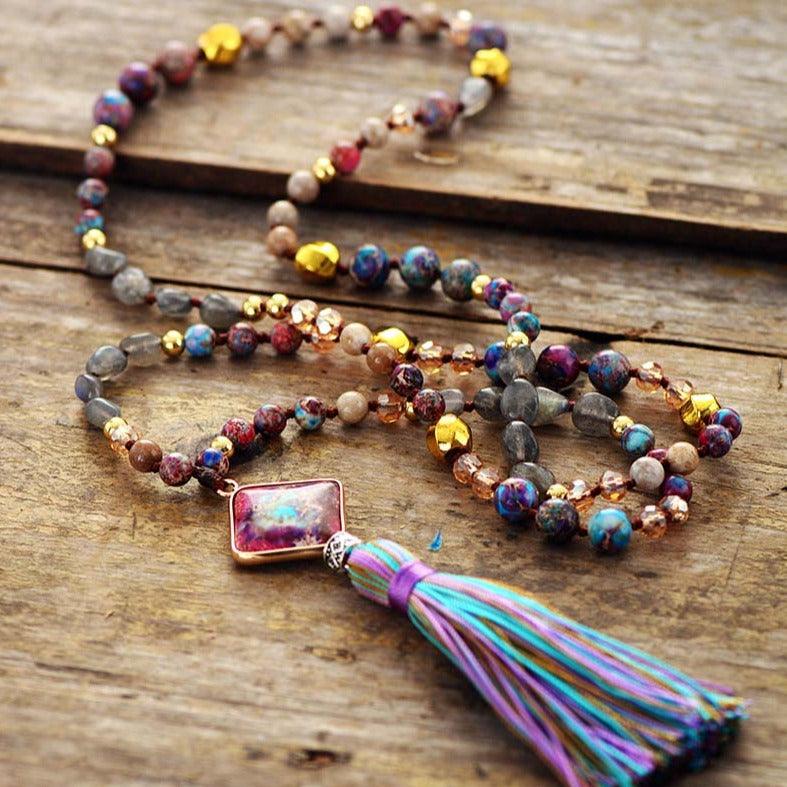 'Rhombi Pendant' Agate, Labradorite & Jasper 108 Mala Beads Necklace - Womens Necklaces Crystal Necklace - Allora Jade