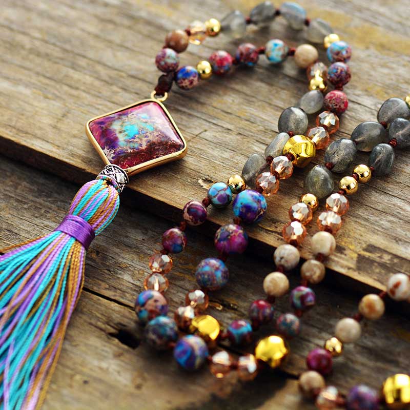 'Rhombi Pendant' Agate, Labradorite and Jasper 108 Mala Beads Necklace - Allora Jade
