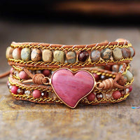 Jasper & Rhodonite Heart Charm Wrap Bracelet - Womens Bracelets Crystal Bracelet - Allora Jade