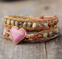 Imperial Jasper & Rhodonite Heart Charm 3x Wrap Bracelet