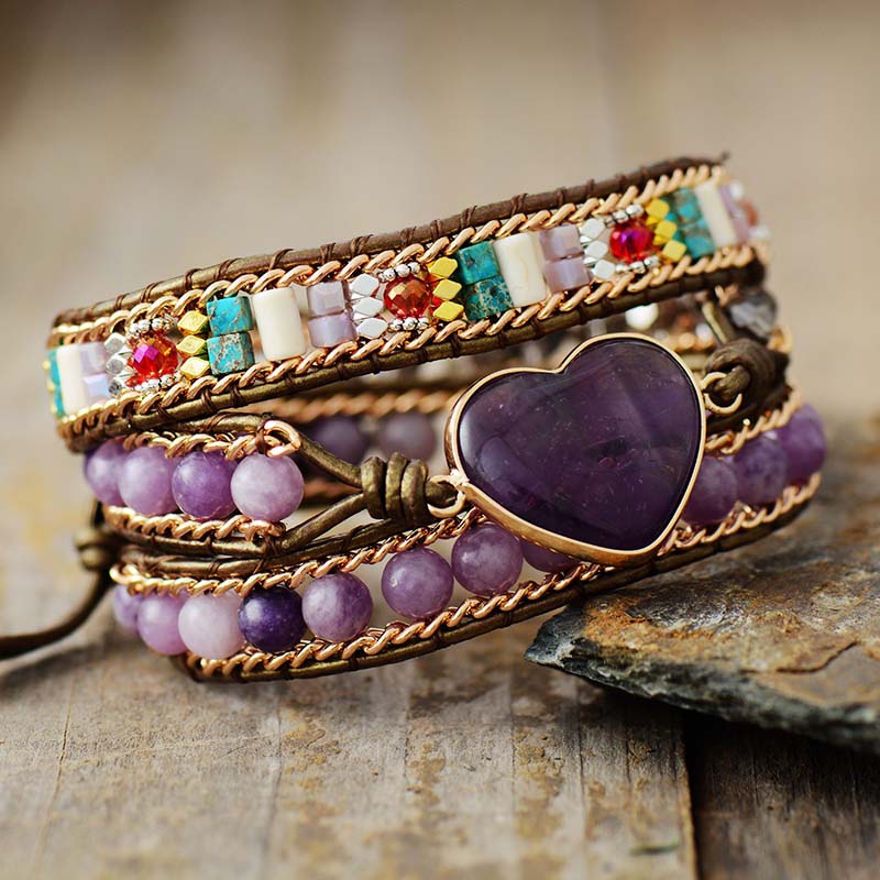 Bohemian Amethyst Heart Charm and Beads Wrap Bracelet - Allora Jade