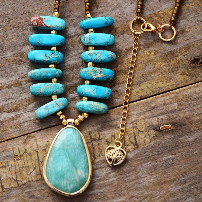 'Nginhu' Blue Jasper & Amazonite Pendant Necklace - Womens Necklaces Crystal Necklace - Allora Jade