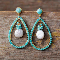 'Murriyan' Amazonite & Pearl Drop Earrings - Womens Earrings Crystal Earrings - Allora Jade