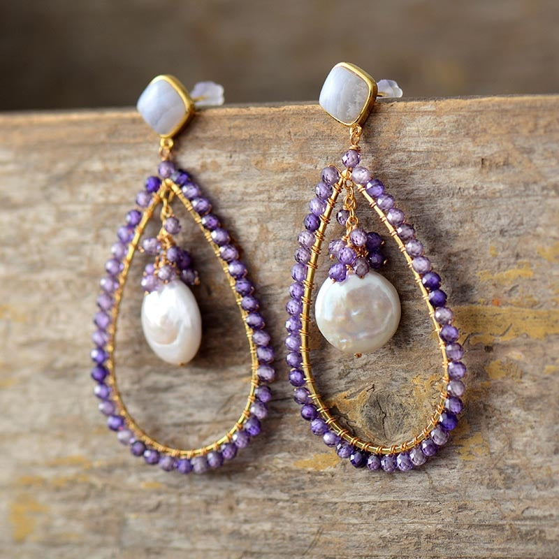 Women's 'Murriyan' Amethyst & Freshwater Pearl Drop Earrings - Allora Jad