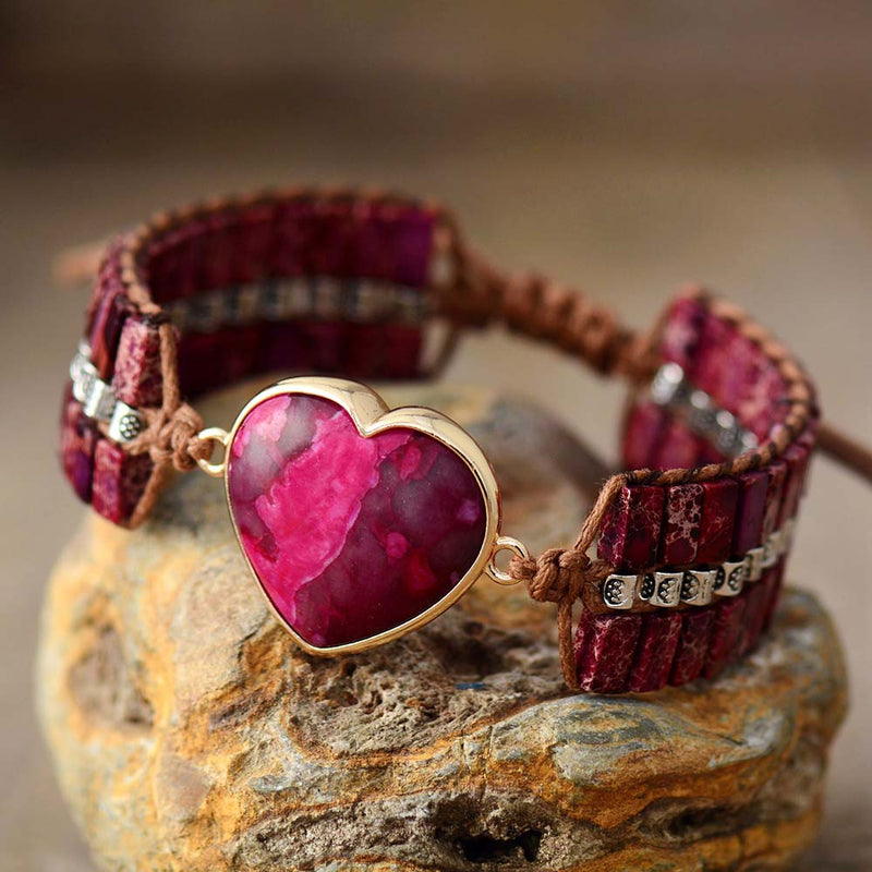 Bohemian Jasper Heart Charm and Jasper Beads Crystal Cord Cuff Bracelet - Allora Jade
