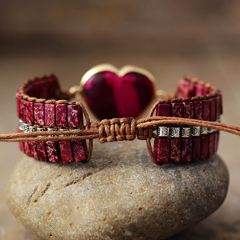 Bohemian Jasper Heart Charm and Jasper Beads Crystal Cord Cuff Bracelet - Allora Jade