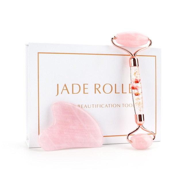 'Jade Roller' Rose Quartz Roller, Gua Sha Scraper Massage Tool w/ Floral Handle - Womens Beauty Jade Roller - Allora Jade