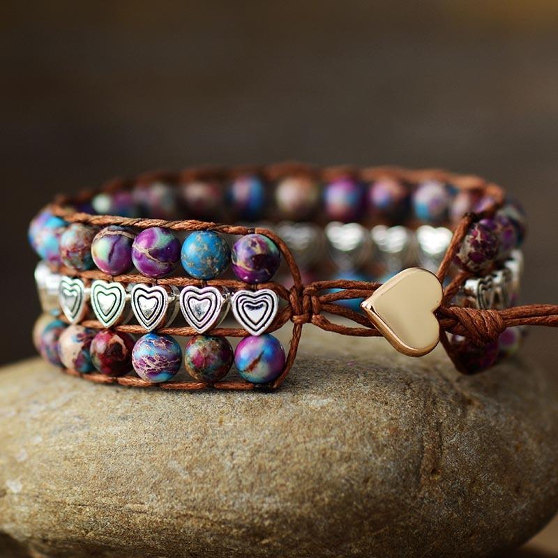 Purple-Blue Jasper & Heart Beads Cuff Bracelet - Womens Bracelets Crystal Bracelet - Allora Jade