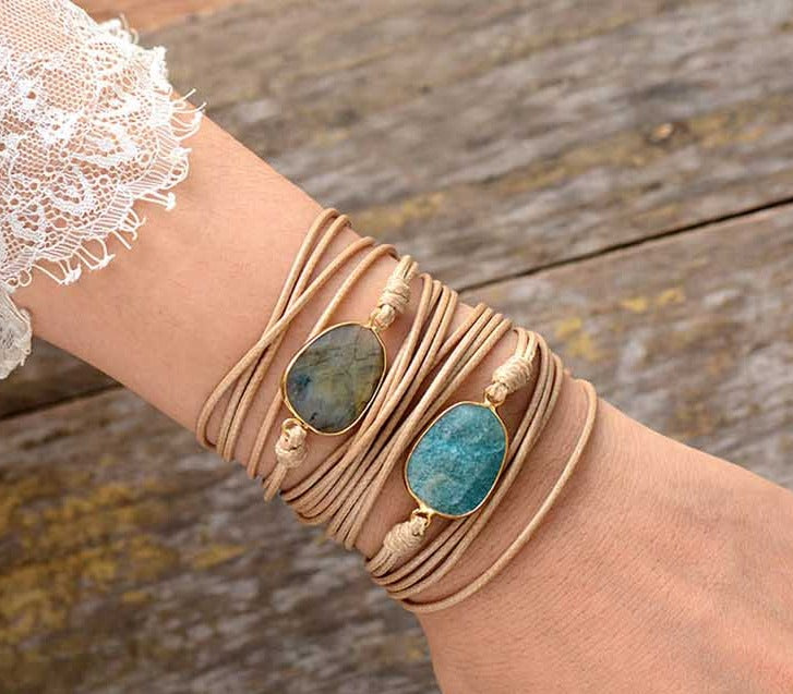 Bohemian Natural Crystal Charm Leather Wrap Bracelet - Allora Jade
