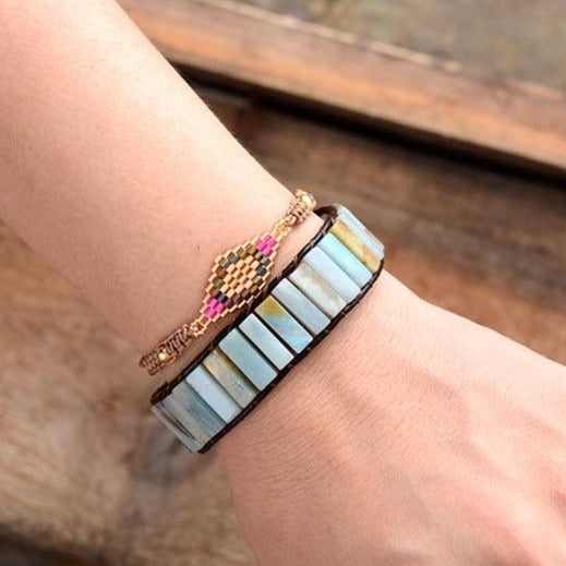Bohemian Natural Amazonite Leather Cuff Bracelet | Allora Jade