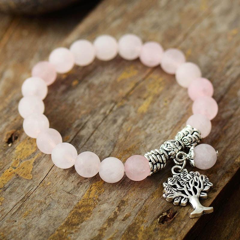 Rose Quartz Stretchy Bracelet w/ Tree of Life Charm - Womens Bracelets Crystal Bracelet - Allora Jade