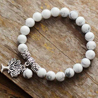 White Howlite Stretchy Bracelet w/ Tree of Life Charm - Womens Bracelets Crystal Bracelet - Allora Jade
