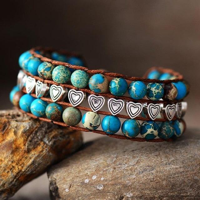Blue Jasper & Heart Beads Cuff Bracelet - Womens Bracelets Crystal Bracelet - Allora Jade