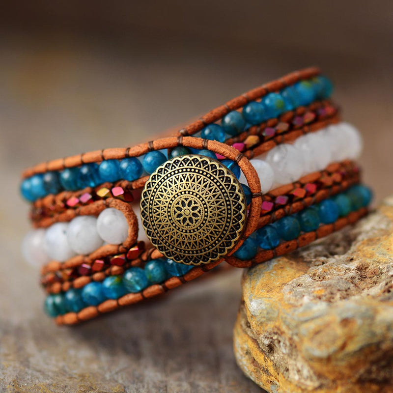 Women's Bohemian Moonstone and Blue Apatite Cuff Bracelet - Allora Jade