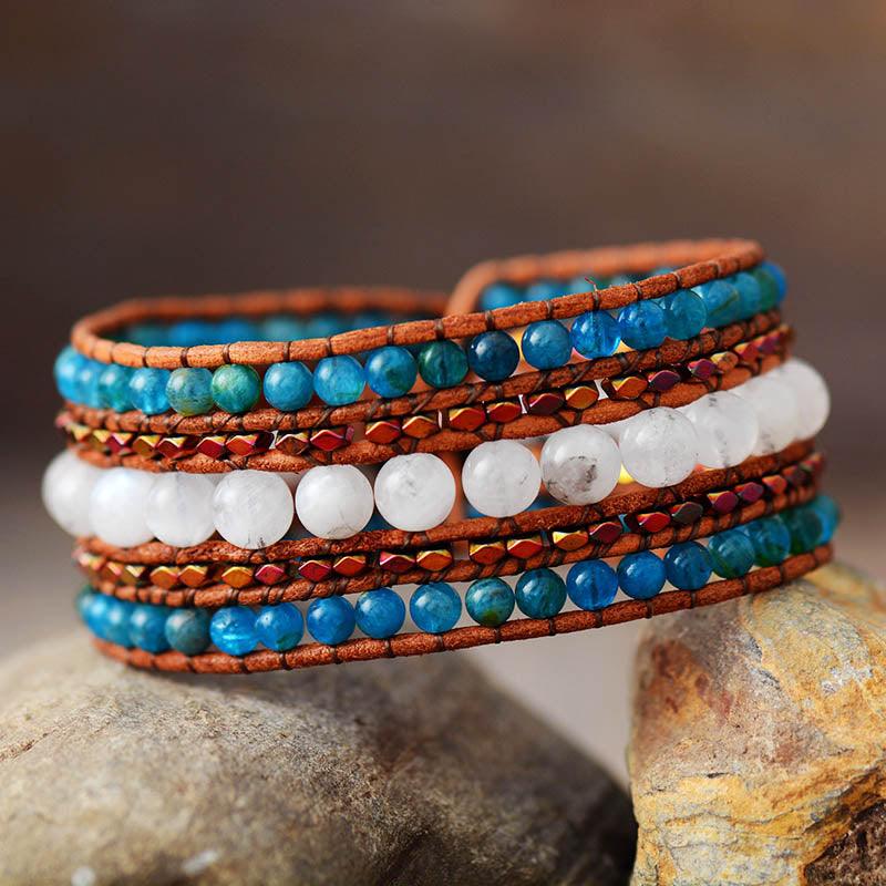 Women's Bohemian Moonstone and Blue Apatite Cuff Bracelet - Allora Jade