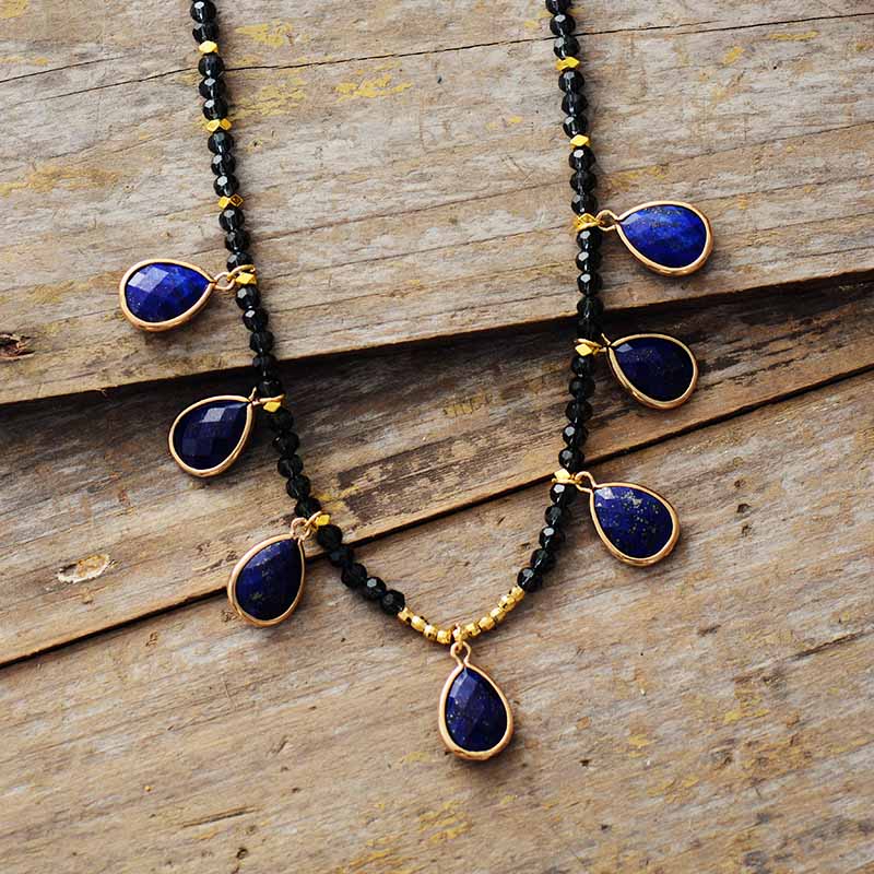 Women's Bohemian Lapis Lazuli and Rhinestone Crystal Pendant Necklace - Allora Jade