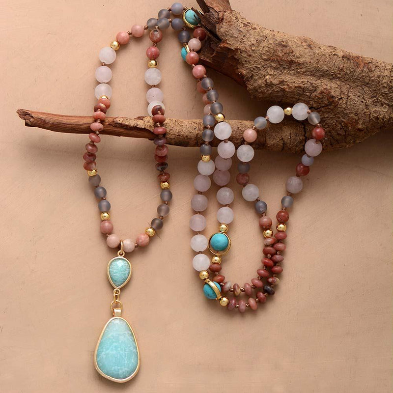 'Gubarra' Rose Quartz, Turquoise, Jasper, Amazonite Pendant Necklace - Womens Necklaces Crystal Necklace - Allora Jade