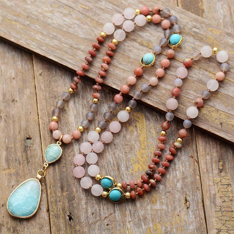 'Gubarra' Rose Quartz, Turquoise, Jasper, Amazonite Pendant Necklace - Womens Necklaces Crystal Necklace - Allora Jade