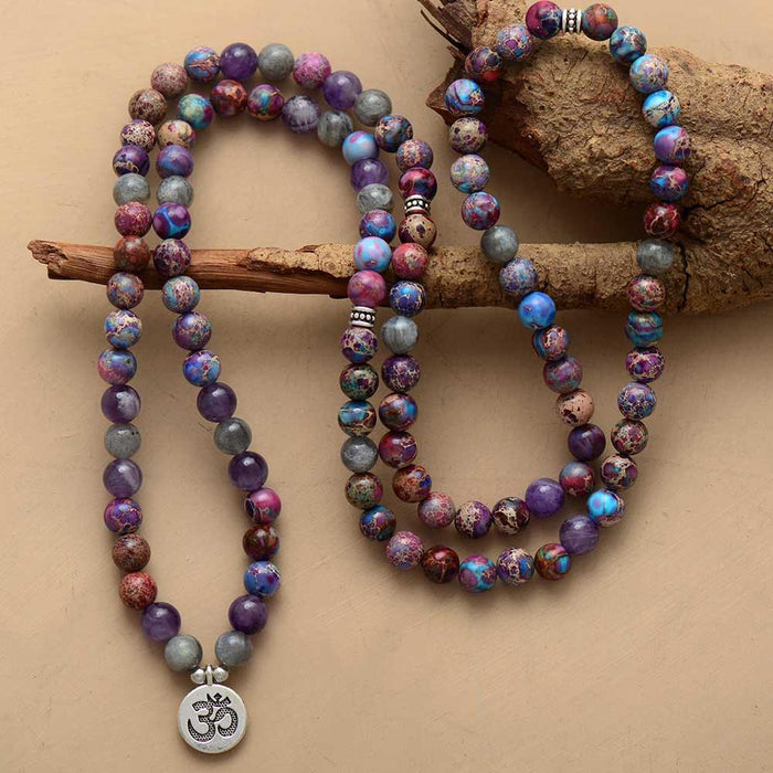 'OM Charm' Jasper, Amethyst, Labradorite 108 Mala - Womens Necklaces Crystal Necklace - Allora Jade