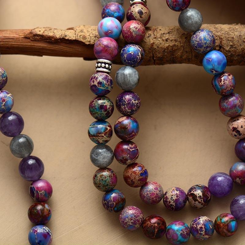 'OM Charm' Jasper, Amethyst, Labradorite 108 Mala Beads Necklace - Allora Jade