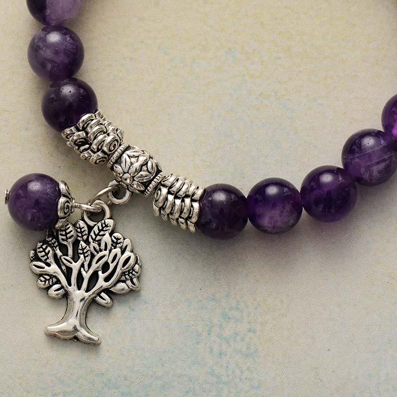 Amethyst Stretchy Bracelet w/ Tree of Life Charm - Womens Bracelets Crystal Bracelet - Allora Jade