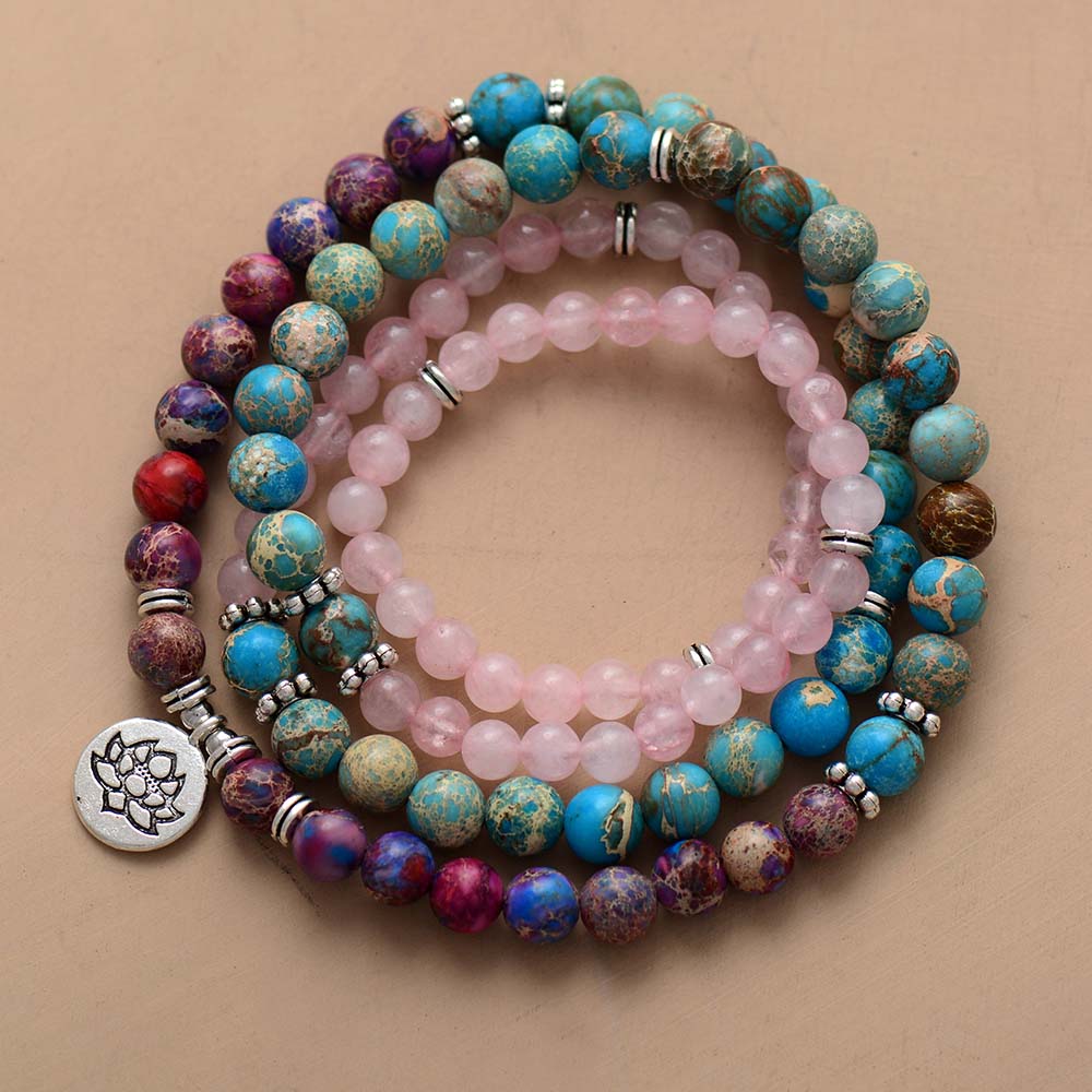 'Lotus Charm' Imperial Jasper & Rose Quartz 108 Beads Mala Bracelet or Necklace - Allora Jade