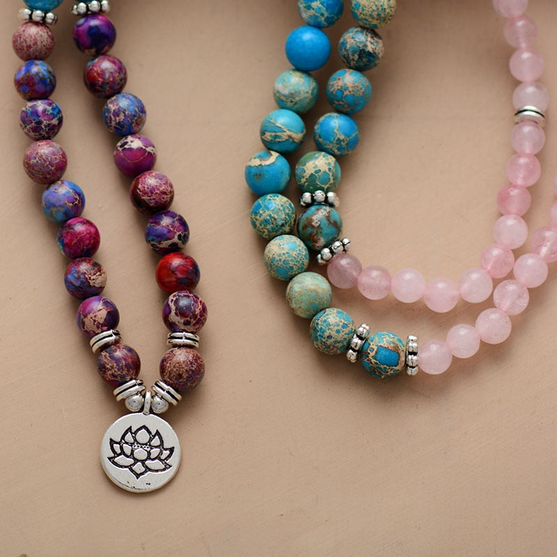'Lotus Charm' Imperial Jasper & Rose Quartz 108 Beads Mala Bracelet or Necklace - Allora Jade