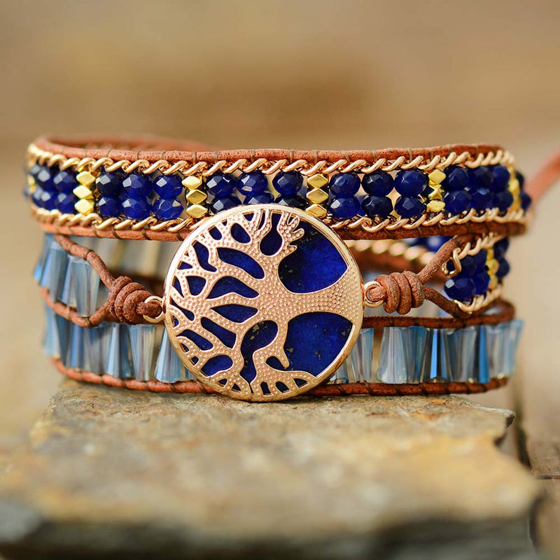 Boho Lapis Lazuli, Rhinestones and Tree of Life Charm Wrap Bracelet - Allora Jade