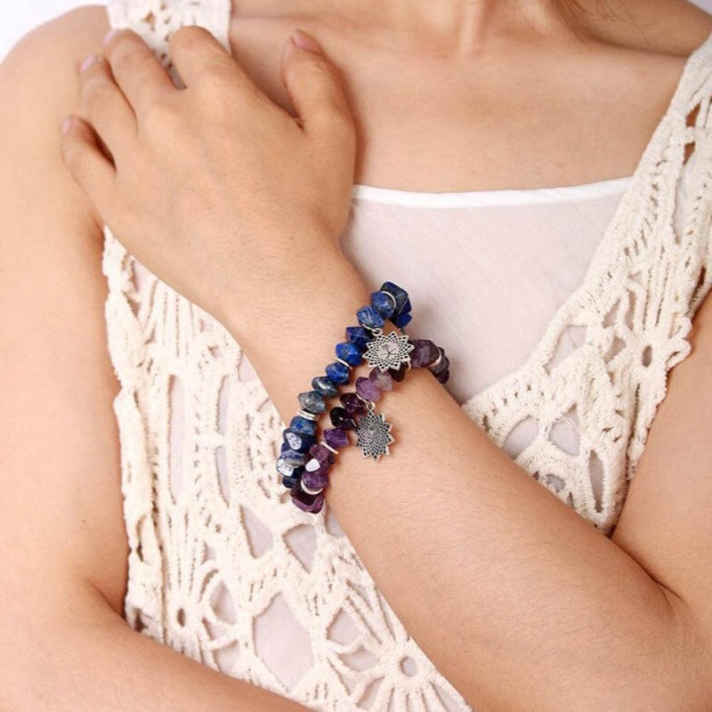 Lapis Lazuli Stretchy Bracelet w/ Sunburst Charm - Womens Bracelets Crystal Bracelet - Allora Jade