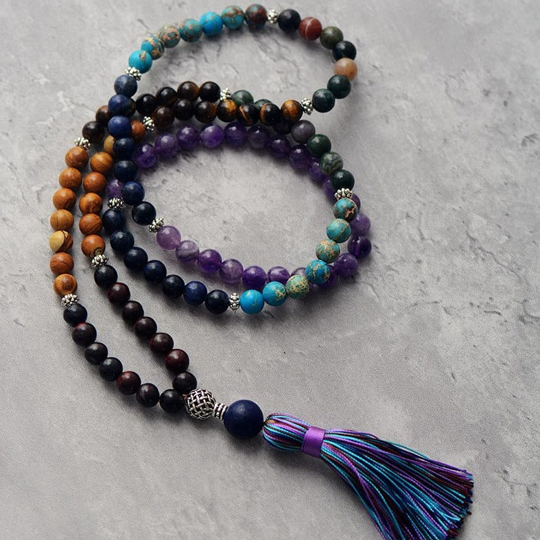 'Purple Tassel' Agate, Jasper & Amethyst 108 Mala Necklace - Allora Jade