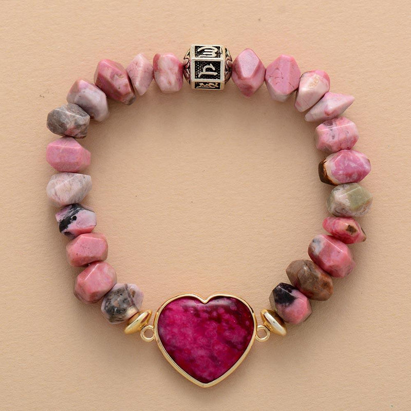 Rhodonite Beads & Heart Charm Stretchy Bracelet - Womens Bracelets Crystal Bracelet - Allora Jade