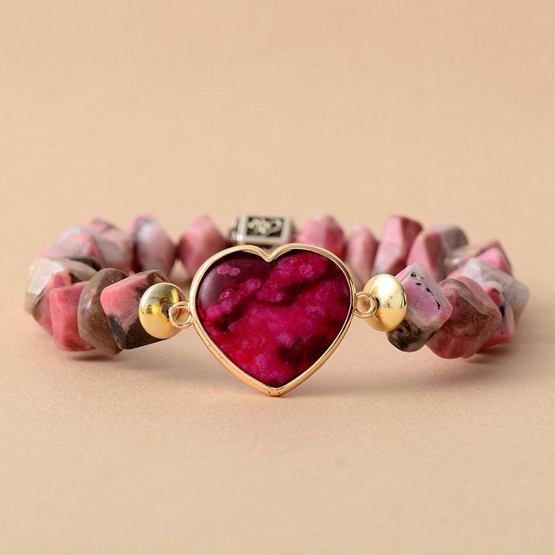Rhodonite Beads & Heart Charm Stretchy Bracelet - Womens Bracelets Crystal Bracelet - Allora Jade