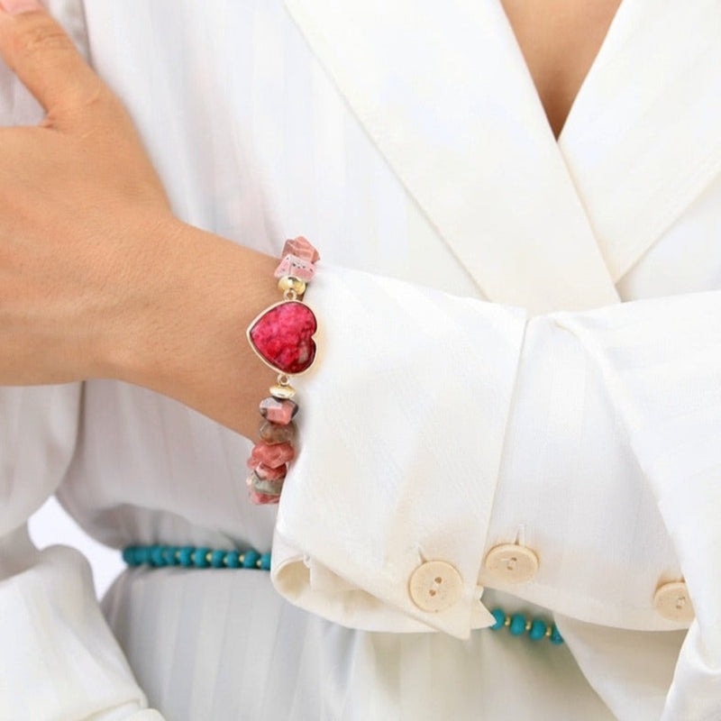 Women's Bohemian Rhodonite Beads and Heart Charm Stretchy Bracelet - Allora Jade